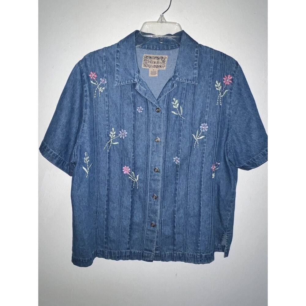 Tantrums Blues Shirt Womens Large Button Front Denim Embroidered Floral boho y2k - Picture 7 of 7